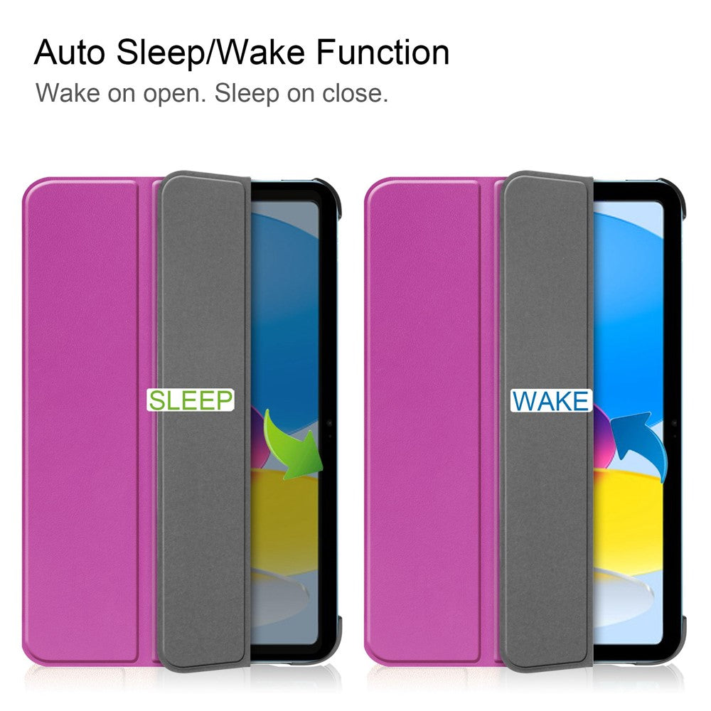 For iPad (2025) / 10.9 (2022) PU Leather Protective Case Tri-Fold Stand Tablet Cover with Auto Wake / Sleep - Purple