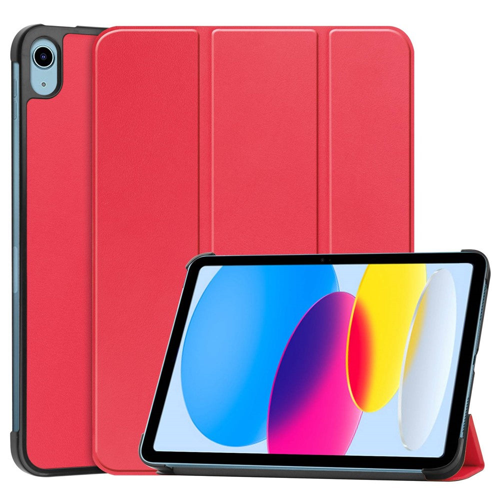 For iPad (2025) / 10.9 (2022) PU Leather Protective Case Tri-Fold Stand Tablet Cover with Auto Wake / Sleep - Red