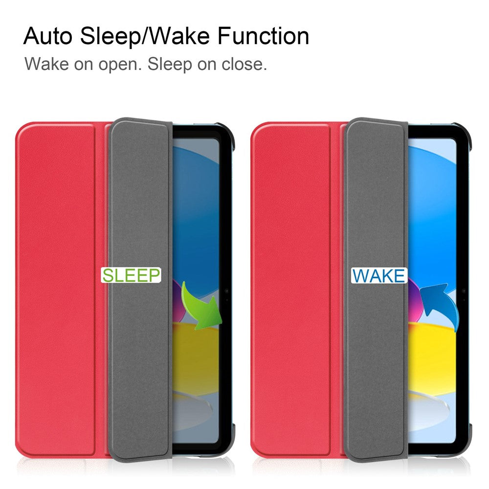 For iPad (2025) / 10.9 (2022) PU Leather Protective Case Tri-Fold Stand Tablet Cover with Auto Wake / Sleep - Red