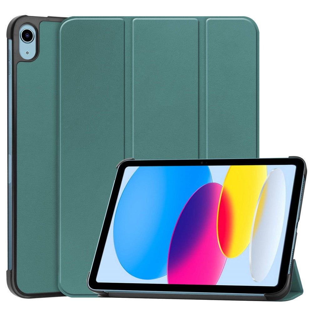 For iPad (2025) / 10.9 (2022) PU Leather Protective Case Tri-Fold Stand Tablet Cover with Auto Wake / Sleep - Blackish Green