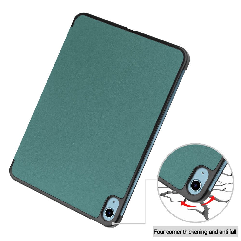 For iPad (2025) / 10.9 (2022) PU Leather Protective Case Tri-Fold Stand Tablet Cover with Auto Wake / Sleep - Blackish Green