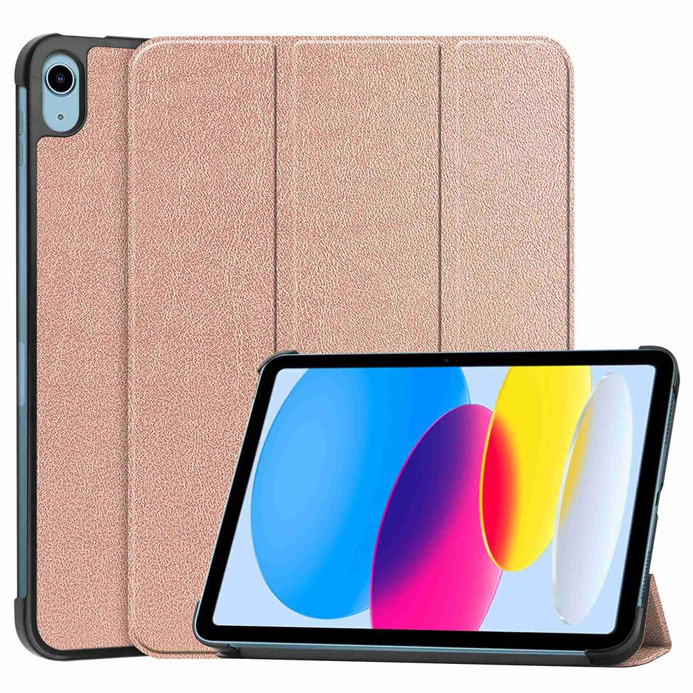 For iPad (2025) / 10.9 (2022) PU Leather Protective Case Tri-Fold Stand Tablet Cover with Auto Wake / Sleep - Rose Gold