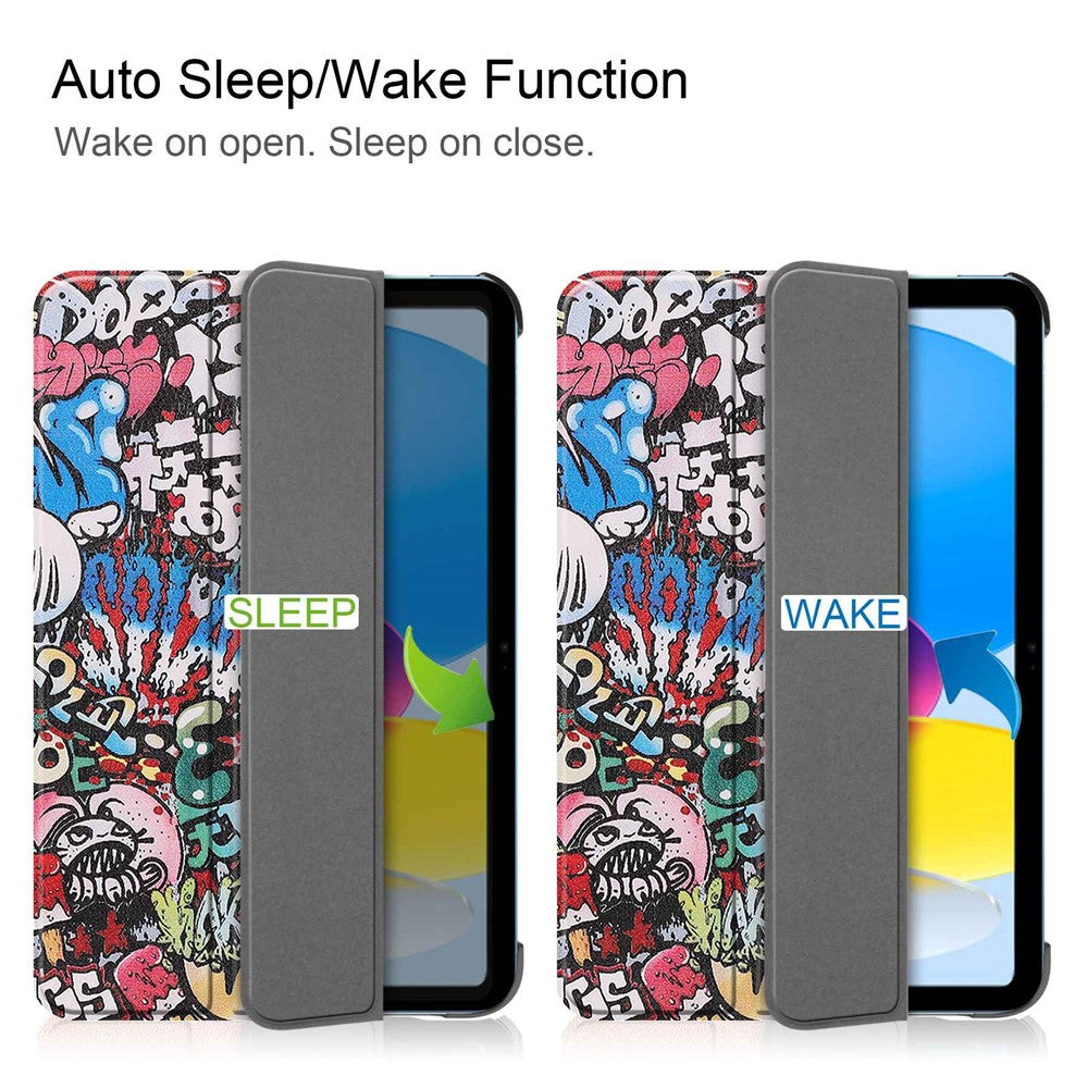 For iPad (2025) / 10.9 (2022) Tri-Fold Stand Case Pattern Printing Folio Flip PU Leather Tablet Cover - Graffiti