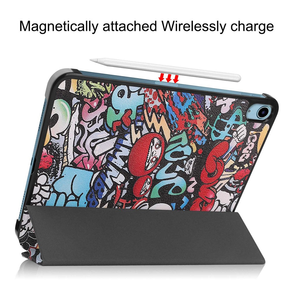 For iPad (2025) / 10.9 (2022) Tri-Fold Stand Case Pattern Printing Folio Flip PU Leather Tablet Cover - Graffiti