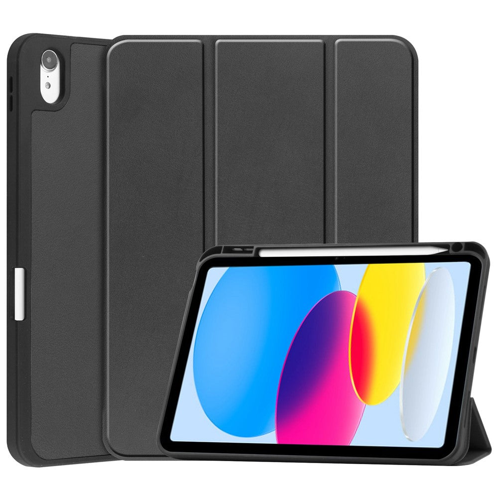 For iPad (2025) / 10.9 (2022) PU Leather Tablet Case Tri-Fold Stand Auto Wake / Sleep Protective Cover with Pen Slot - Black