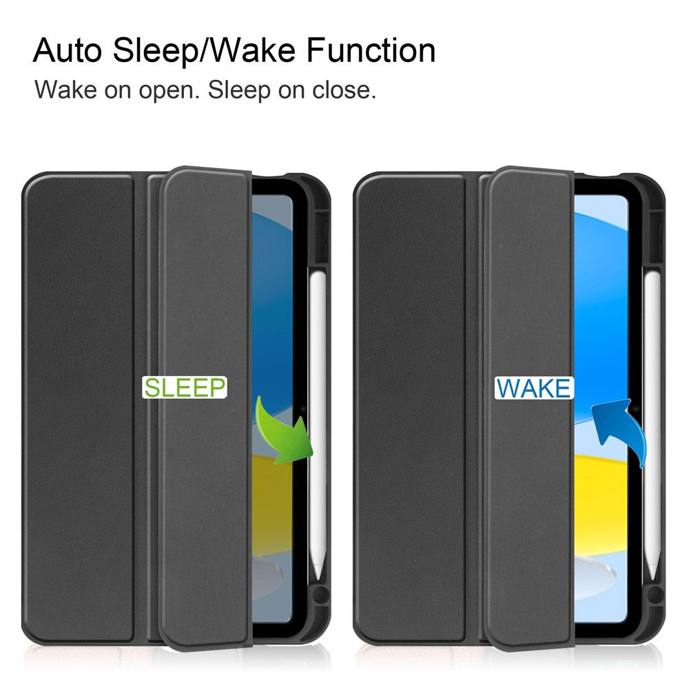 For iPad (2025) / 10.9 (2022) PU Leather Tablet Case Tri-Fold Stand Auto Wake / Sleep Protective Cover with Pen Slot - Black