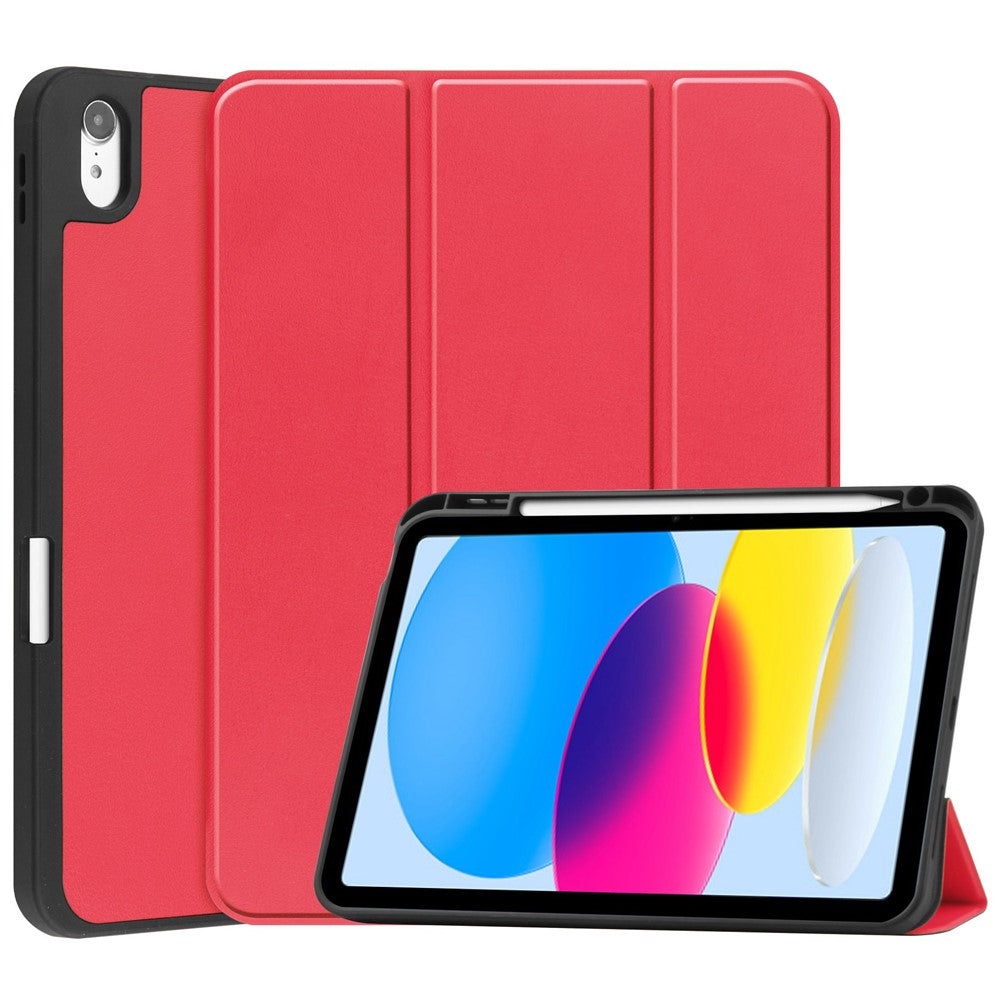 For iPad (2025) / 10.9 (2022) PU Leather Tablet Case Tri-Fold Stand Auto Wake / Sleep Protective Cover with Pen Slot - Red