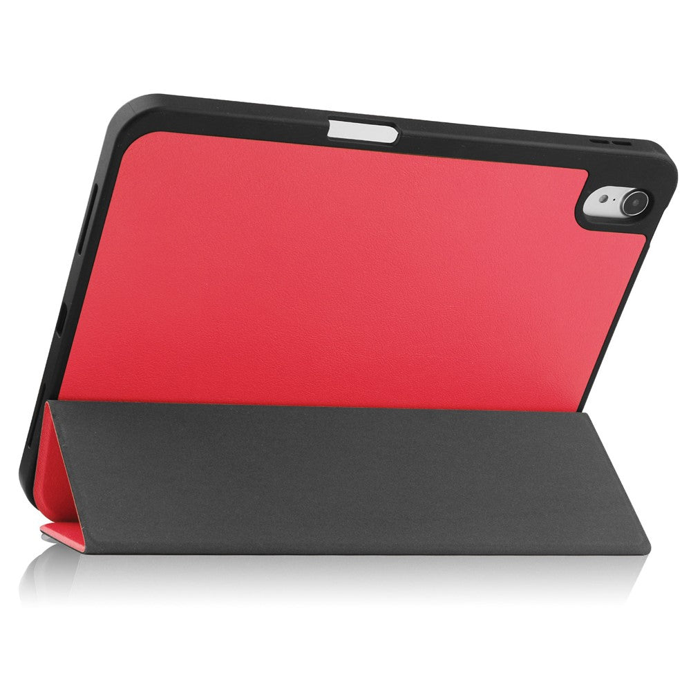 For iPad (2025) / 10.9 (2022) PU Leather Tablet Case Tri-Fold Stand Auto Wake / Sleep Protective Cover with Pen Slot - Red