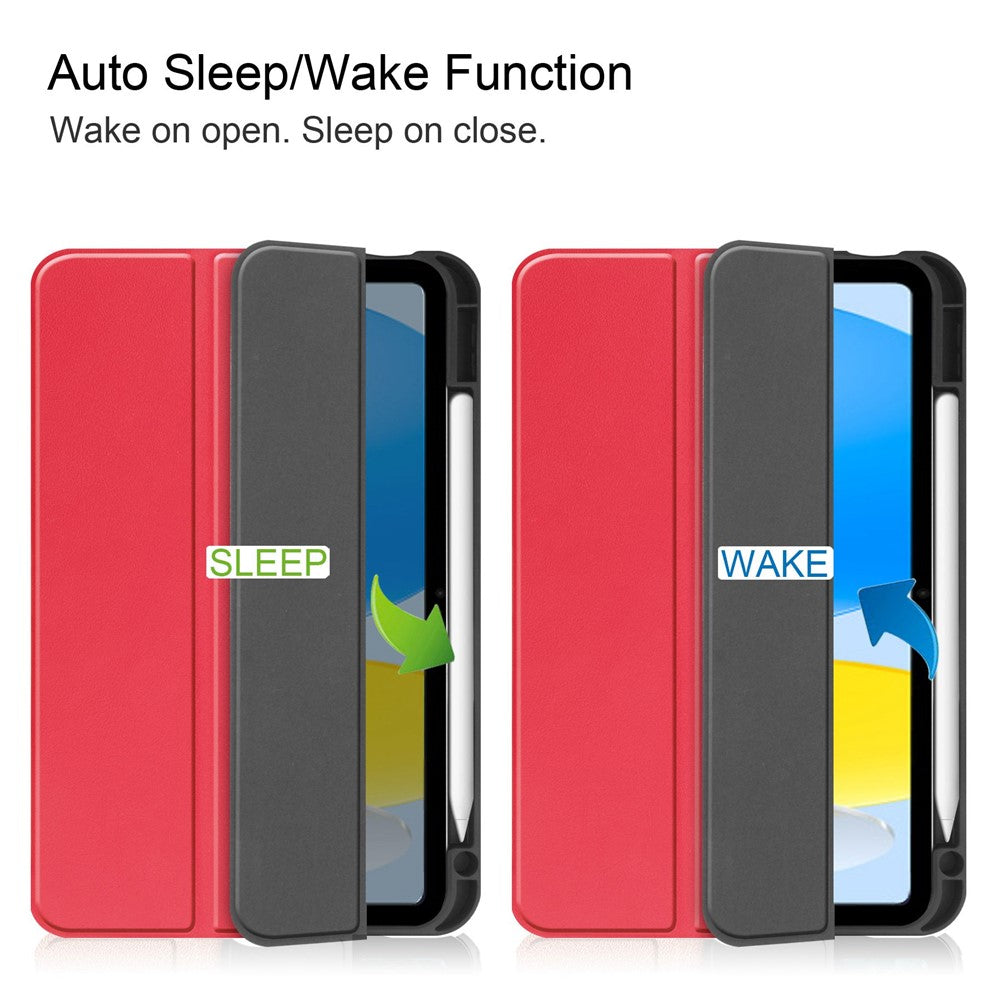 For iPad (2025) / 10.9 (2022) PU Leather Tablet Case Tri-Fold Stand Auto Wake / Sleep Protective Cover with Pen Slot - Red