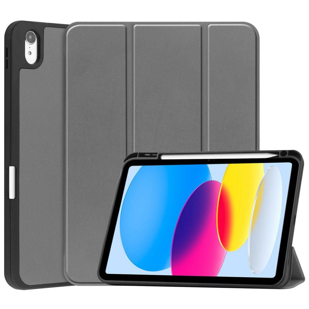 For iPad (2025) / 10.9 (2022) PU Leather Tablet Case Tri-Fold Stand Auto Wake / Sleep Protective Cover with Pen Slot - Grey