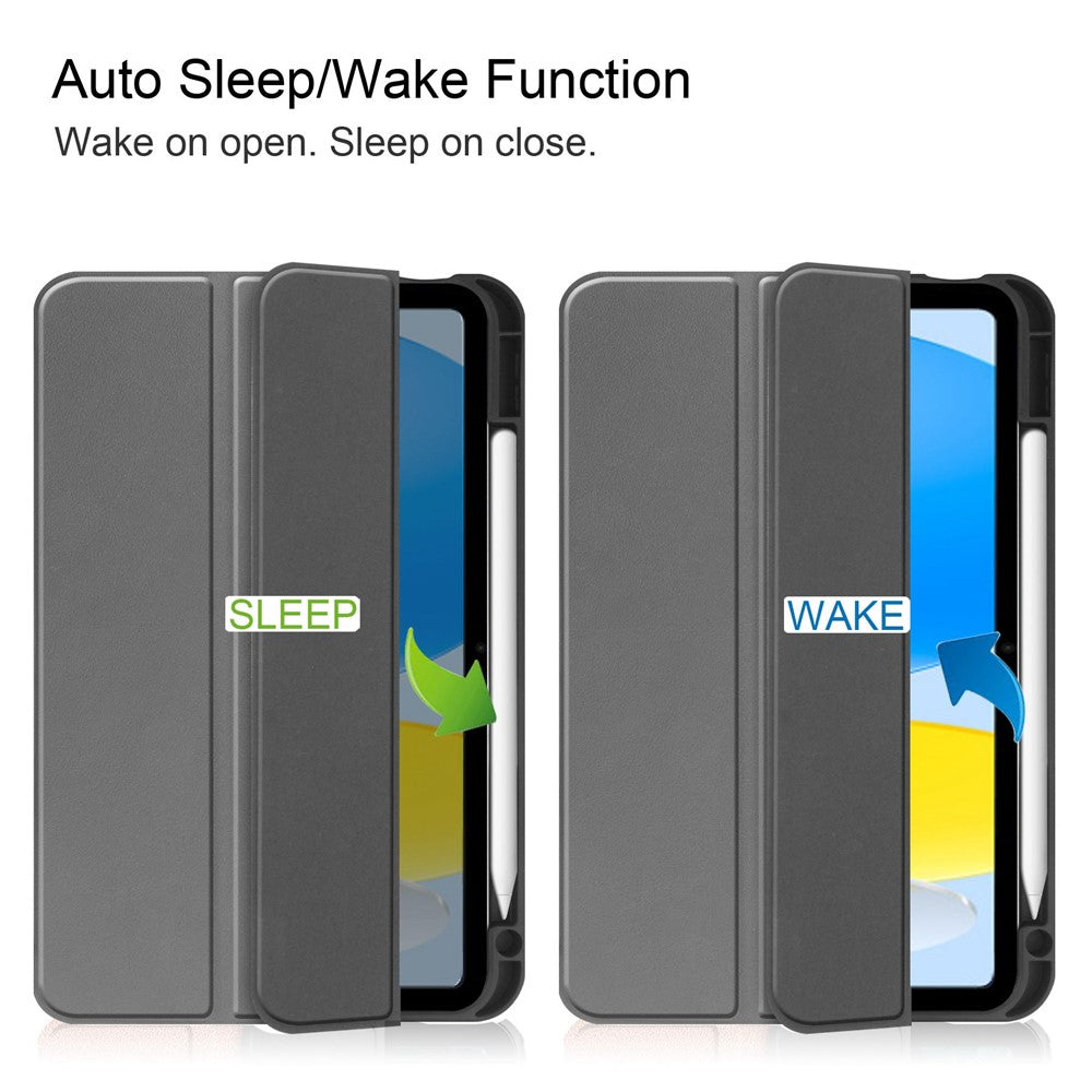 For iPad (2025) / 10.9 (2022) PU Leather Tablet Case Tri-Fold Stand Auto Wake / Sleep Protective Cover with Pen Slot - Grey