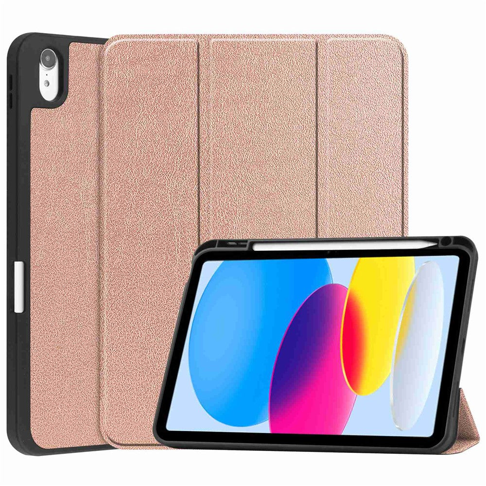 For iPad (2025) / 10.9 (2022) PU Leather Tablet Case Tri-Fold Stand Auto Wake / Sleep Protective Cover with Pen Slot - Rose Gold