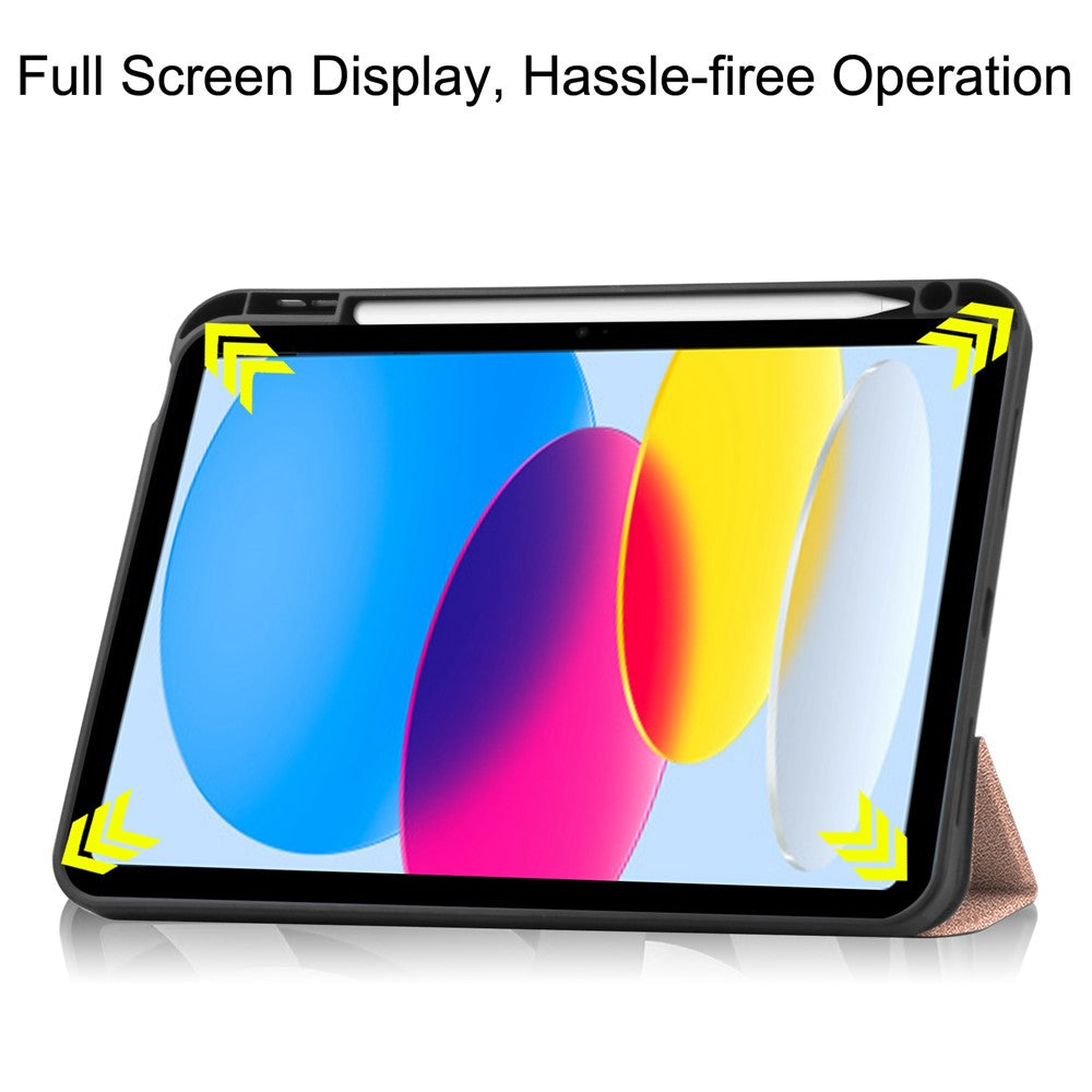 For iPad (2025) / 10.9 (2022) PU Leather Tablet Case Tri-Fold Stand Auto Wake / Sleep Protective Cover with Pen Slot - Rose Gold