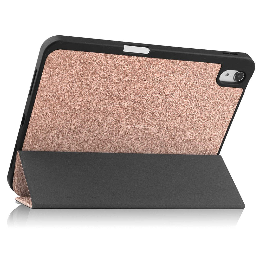 For iPad (2025) / 10.9 (2022) PU Leather Tablet Case Tri-Fold Stand Auto Wake / Sleep Protective Cover with Pen Slot - Rose Gold