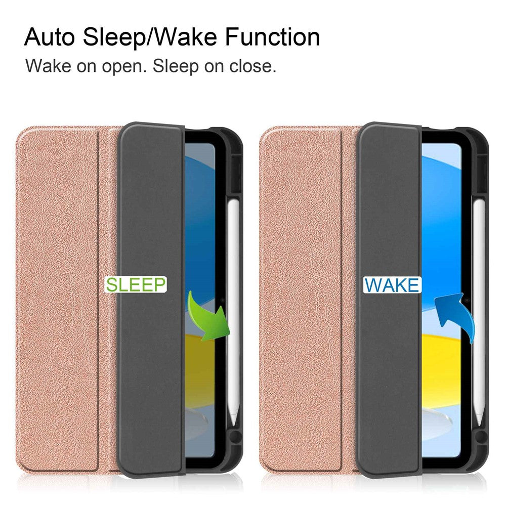 For iPad (2025) / 10.9 (2022) PU Leather Tablet Case Tri-Fold Stand Auto Wake / Sleep Protective Cover with Pen Slot - Rose Gold