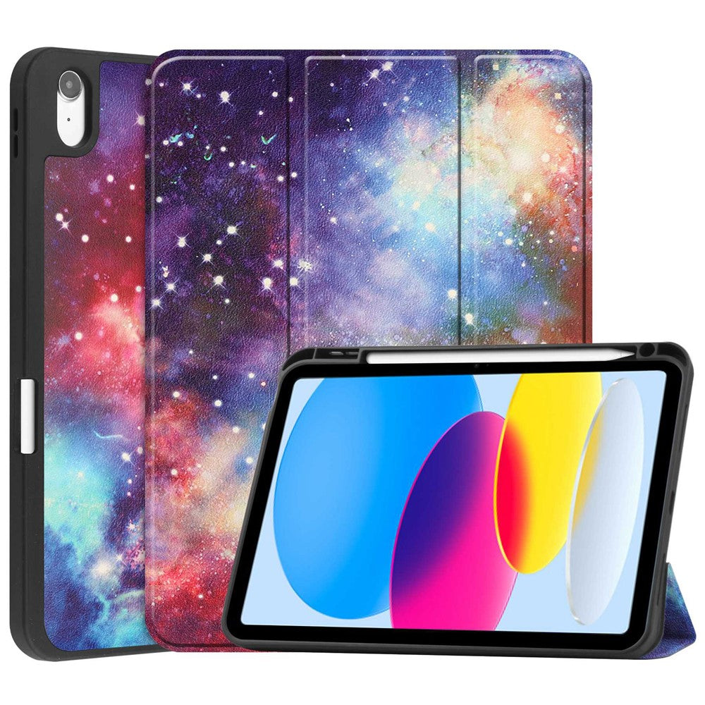 For iPad (2025) / 10.9 (2022) Pattern Printed Case PU Leather Smart Sleep Tablet Cover with Pen Slot - Galaxy