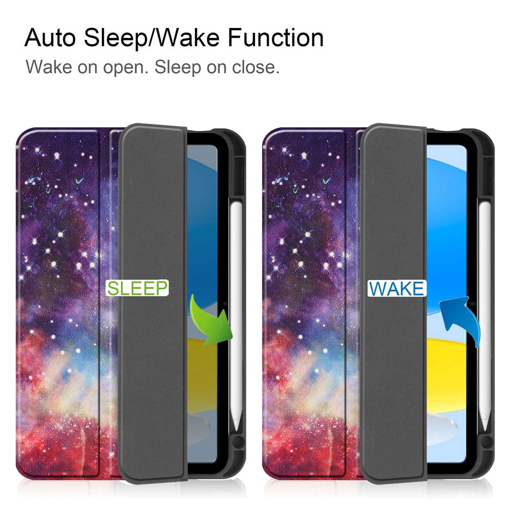 For iPad (2025) / 10.9 (2022) Pattern Printed Case PU Leather Smart Sleep Tablet Cover with Pen Slot - Galaxy