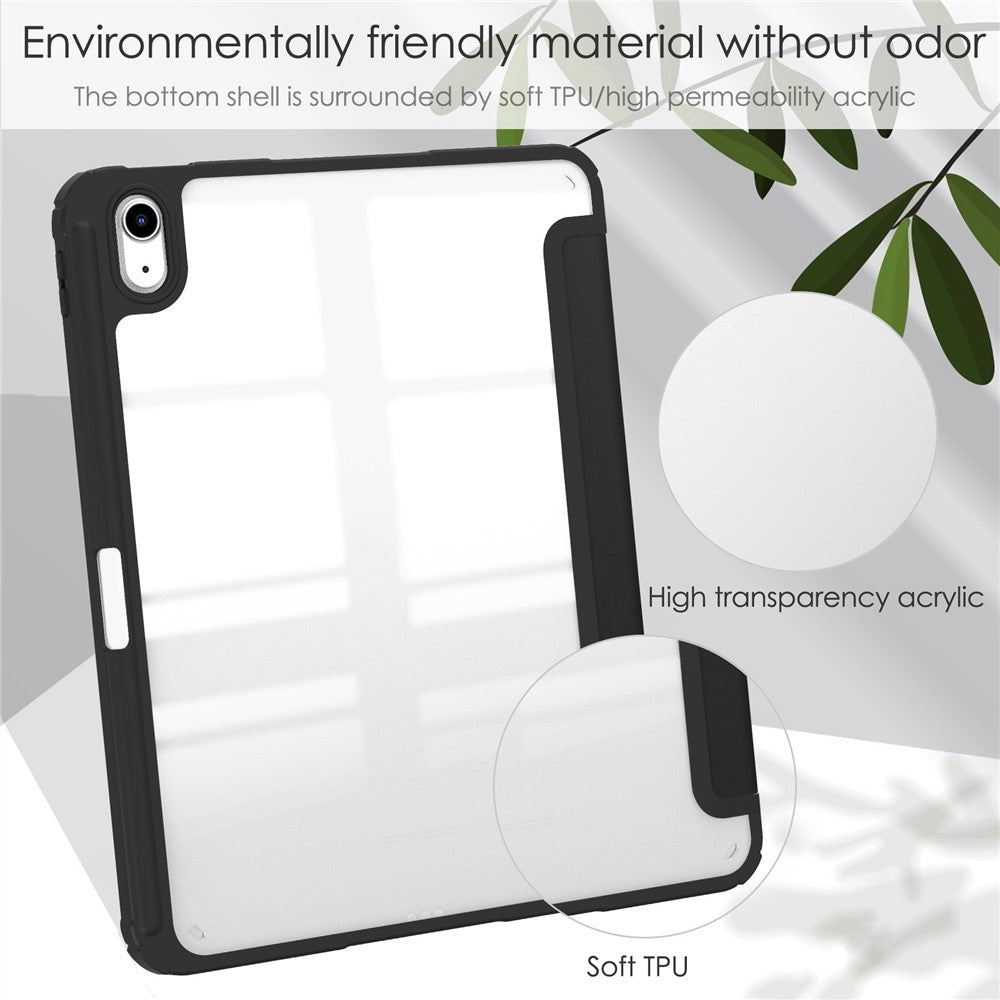 For iPad (2025) / 10.9 (2022) Tablet Case PU Leather + TPU + Acrylic Protective Cover with Stand / Pen Slot - Black