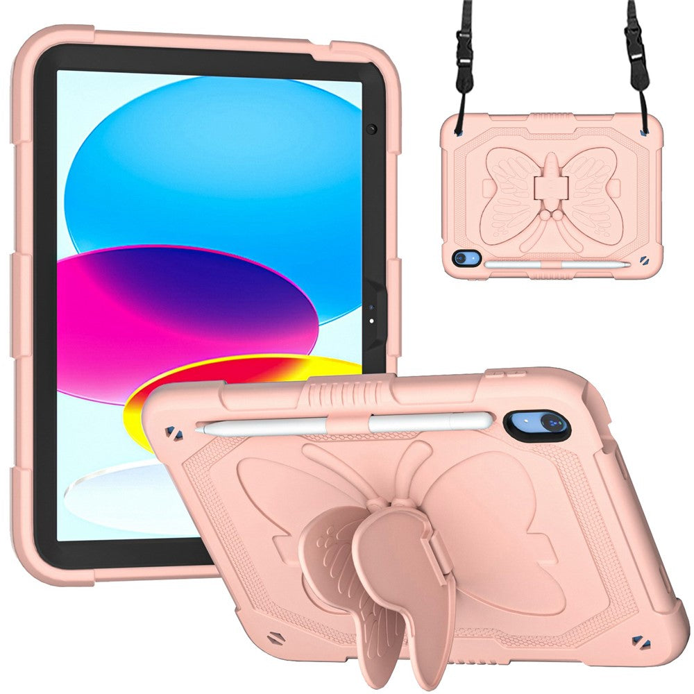 For iPad (2025)/10.9 (2022) Case Butterfly Shape Kickstand Silicone + PC Tablet Cover with Shoulder Strap - Pink