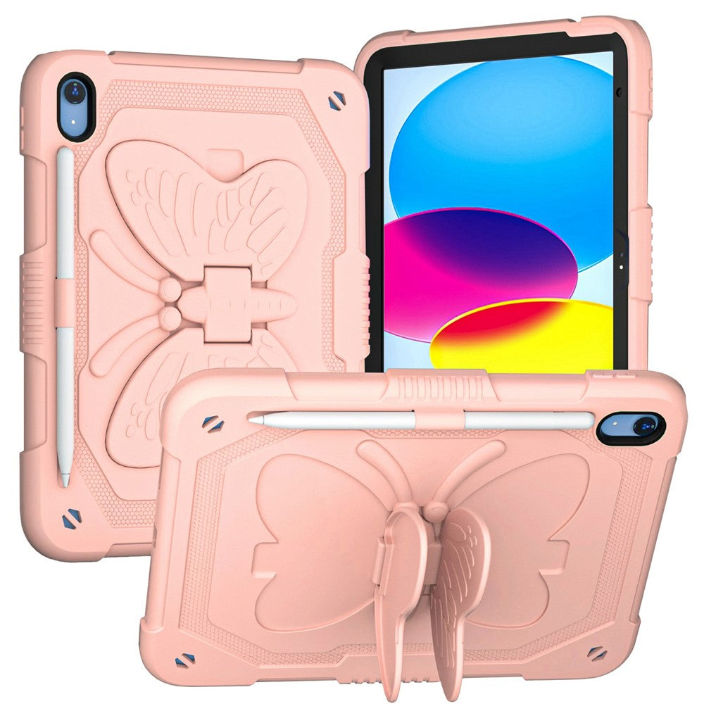 For iPad (2025)/10.9 (2022) Case Butterfly Shape Kickstand Silicone + PC Tablet Cover with Shoulder Strap - Pink