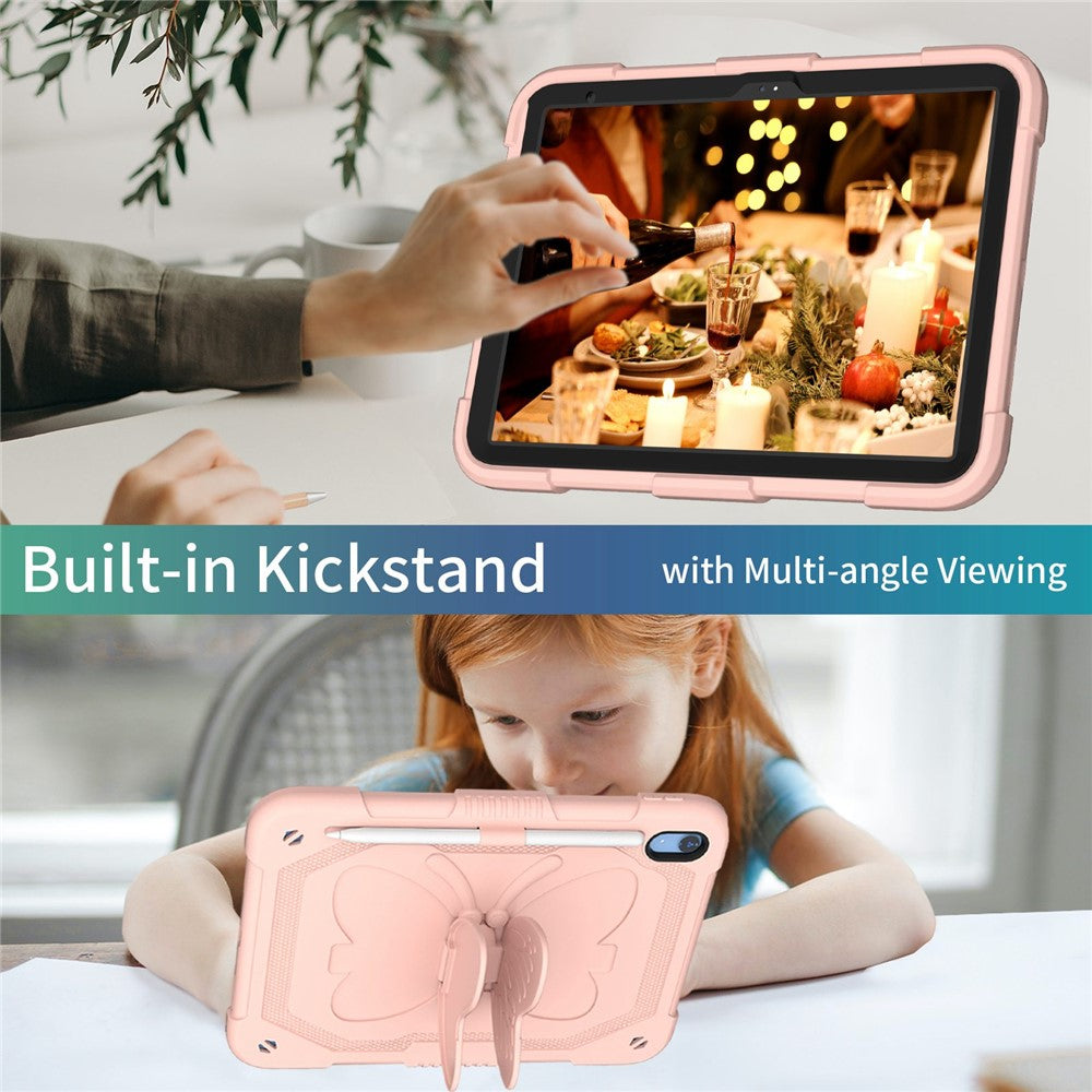 For iPad (2025)/10.9 (2022) Case Butterfly Shape Kickstand Silicone + PC Tablet Cover with Shoulder Strap - Pink