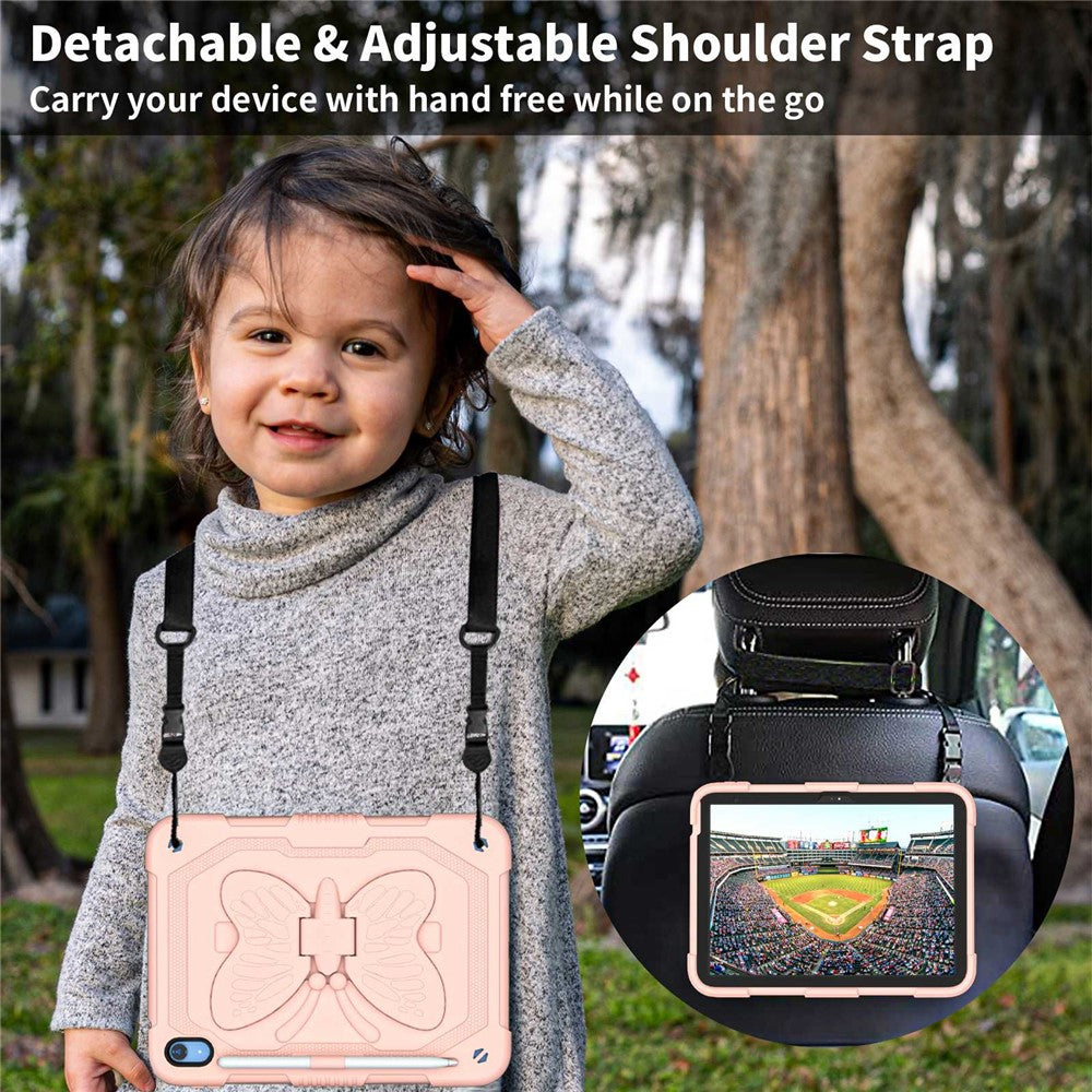 For iPad (2025)/10.9 (2022) Case Butterfly Shape Kickstand Silicone + PC Tablet Cover with Shoulder Strap - Pink