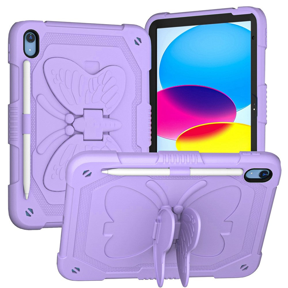 For iPad (2025)/10.9 (2022) Case Butterfly Shape Kickstand Silicone + PC Tablet Cover with Shoulder Strap - Purple