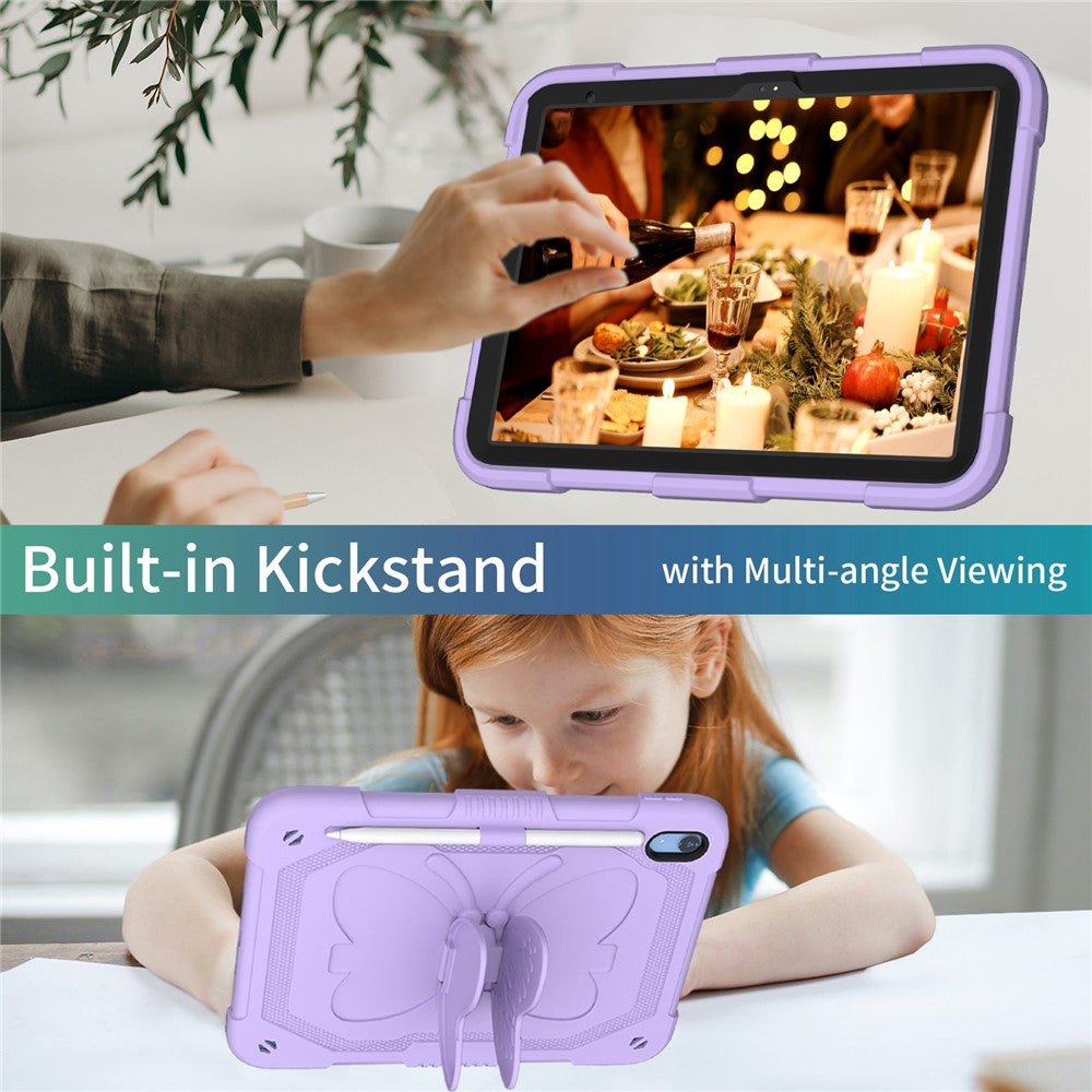 For iPad (2025)/10.9 (2022) Case Butterfly Shape Kickstand Silicone + PC Tablet Cover with Shoulder Strap - Purple