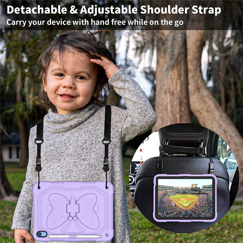 For iPad (2025)/10.9 (2022) Case Butterfly Shape Kickstand Silicone + PC Tablet Cover with Shoulder Strap - Purple