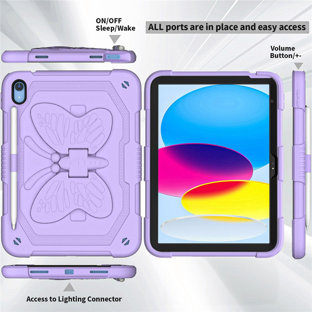 For iPad (2025)/10.9 (2022) Case Butterfly Shape Kickstand Silicone + PC Tablet Cover with Shoulder Strap - Purple