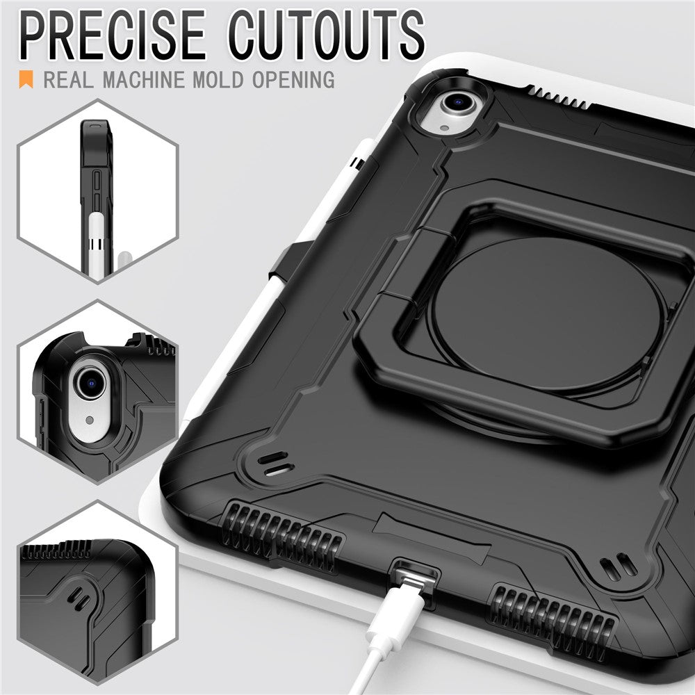 For iPad (2025) / iPad 10.9 (2022) Silicone PC Tablet Case Rotating Handle Kickstand Cover with Shoulder Strap - Black