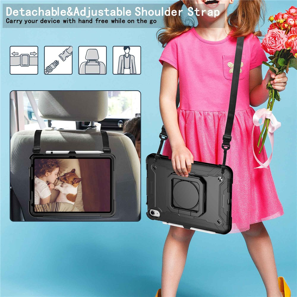 For iPad (2025) / iPad 10.9 (2022) Silicone PC Tablet Case Rotating Handle Kickstand Cover with Shoulder Strap - Black