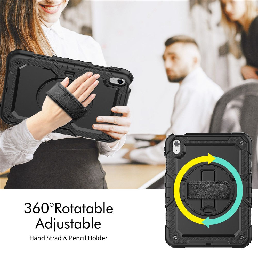 For iPad (2025)/10.9 (2022) Tablet Case Hand Strap Kickstand Silicone + PC Cover with Shoulder Strap - Black