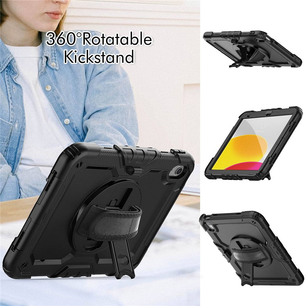 For iPad (2025)/10.9 (2022) Tablet Case Hand Strap Kickstand Silicone + PC Cover with Shoulder Strap - Black