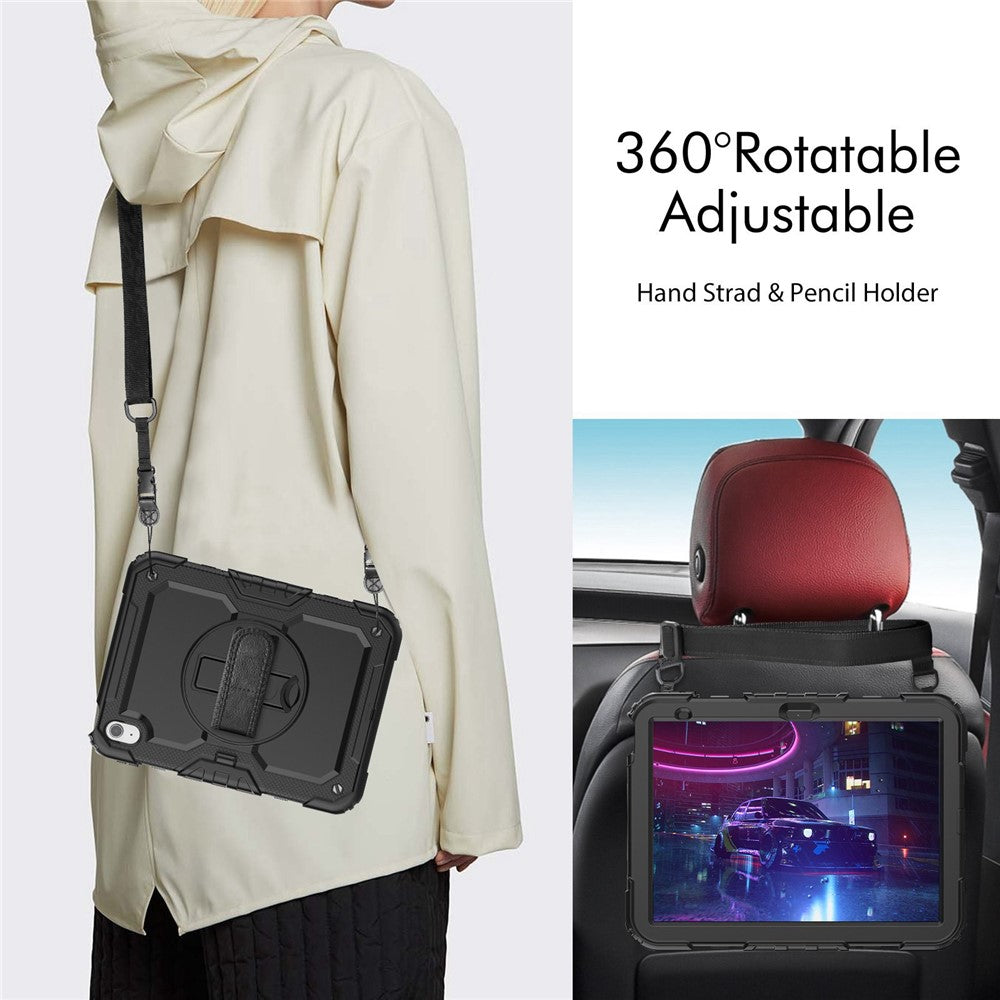 For iPad (2025)/10.9 (2022) Tablet Case Hand Strap Kickstand Silicone + PC Cover with Shoulder Strap - Black