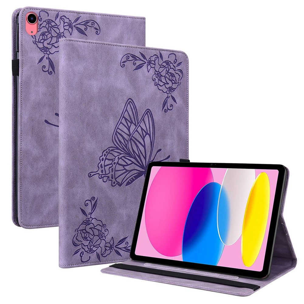 For iPad (2025) / 10.9 (2022) Butterfly Flower Imprinted PU Leather Card Holder Stand Smart Tablet Case with Pencil Holder - Purple