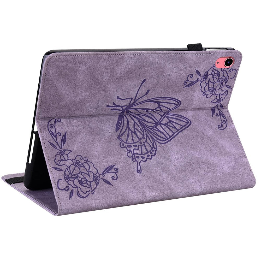 For iPad (2025) / 10.9 (2022) Butterfly Flower Imprinted PU Leather Card Holder Stand Smart Tablet Case with Pencil Holder - Purple