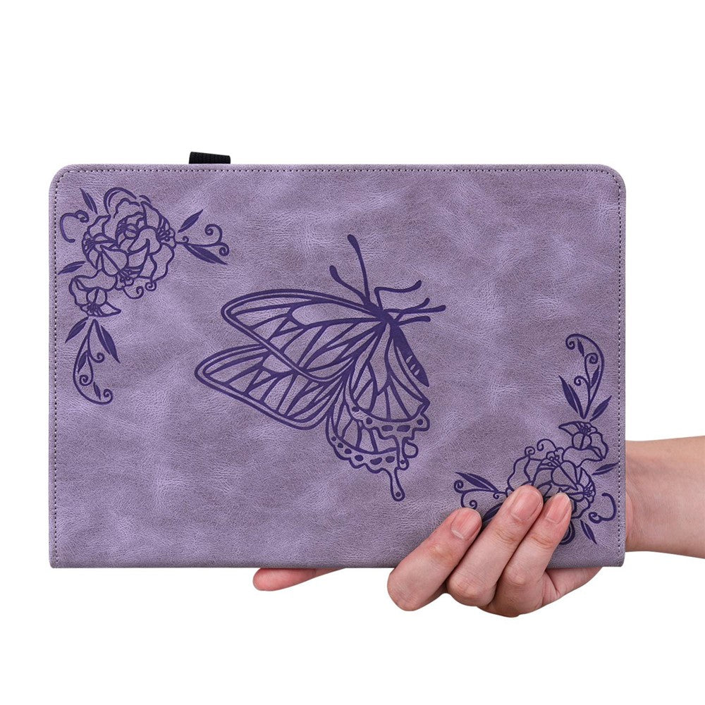 For iPad (2025) / 10.9 (2022) Butterfly Flower Imprinted PU Leather Card Holder Stand Smart Tablet Case with Pencil Holder - Purple