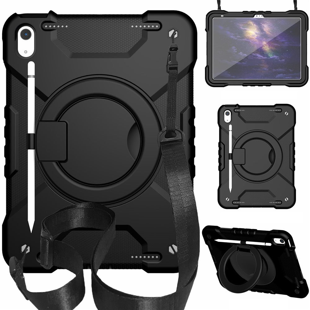 For iPad (2025) / 10.9 (2022) Tablet Case Rotary Kickstand PC + Silicone Tablet Cover with Shoulder Strap - All Back