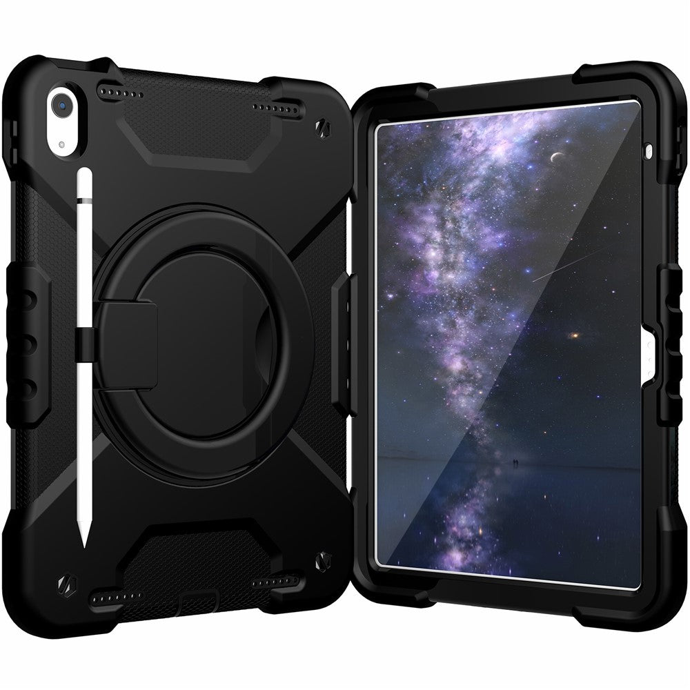 For iPad (2025) / 10.9 (2022) Tablet Case Rotary Kickstand PC + Silicone Tablet Cover with Shoulder Strap - All Back