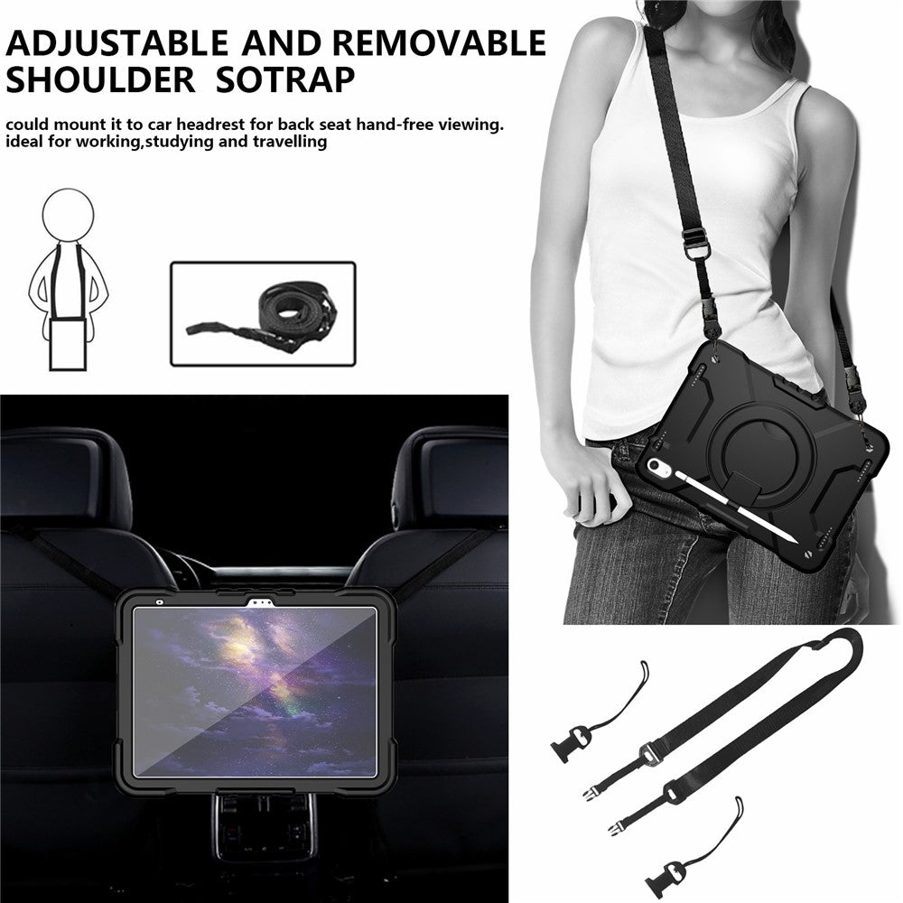 For iPad (2025) / 10.9 (2022) Tablet Case Rotary Kickstand PC + Silicone Tablet Cover with Shoulder Strap - All Back