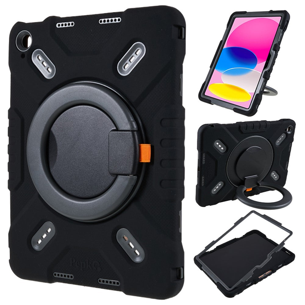 For iPad (2025) / 10.9 (2022) Tablet Case 360 Degree Rotation Kickstand Silicone+PC+ABS Tablet Cover - Black