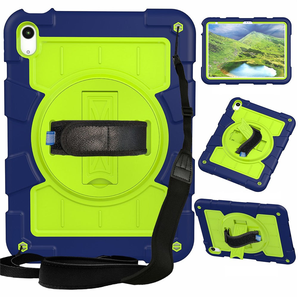 For iPad (2025) / 10.9 (2022) TPU+PC Tablet Case Rotating Hand Strap Kickstand Cover with Shoulder Strap - Navy Blue / Green