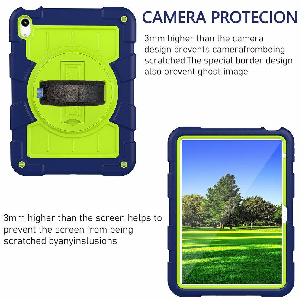 For iPad (2025) / 10.9 (2022) TPU+PC Tablet Case Rotating Hand Strap Kickstand Cover with Shoulder Strap - Navy Blue / Green