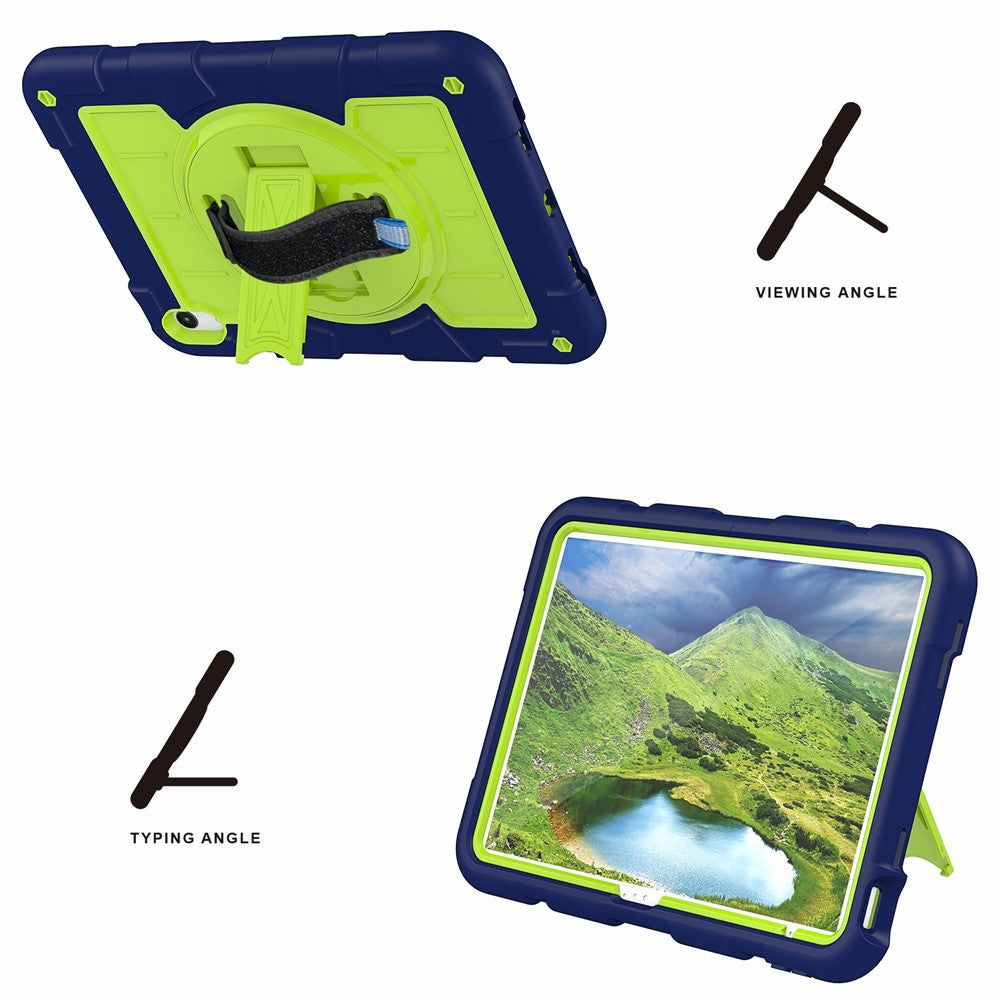 For iPad (2025) / 10.9 (2022) TPU+PC Tablet Case Rotating Hand Strap Kickstand Cover with Shoulder Strap - Navy Blue / Green
