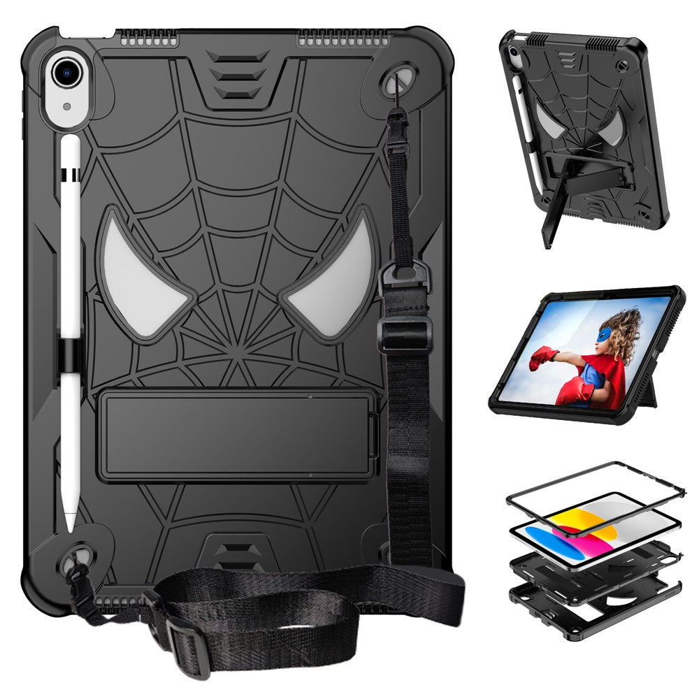 Protective Case for iPad (2025) / iPad 10.9 (2022) Tablet Cover Spider Style PC Silicone Kickstand Shell with Strap - Black+Black