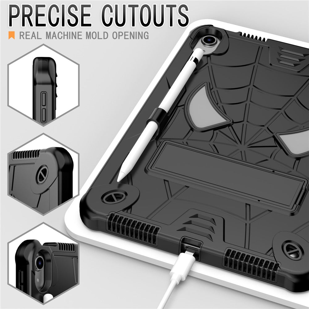Protective Case for iPad (2025) / iPad 10.9 (2022) Tablet Cover Spider Style PC Silicone Kickstand Shell with Strap - Black+Black