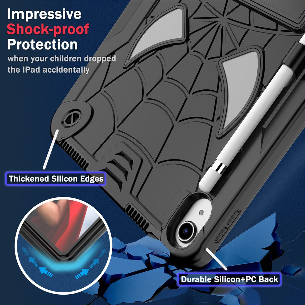 Protective Case for iPad (2025) / iPad 10.9 (2022) Tablet Cover Spider Style PC Silicone Kickstand Shell with Strap - Black+Black