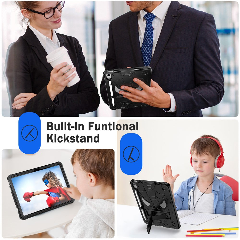 Protective Case for iPad (2025) / iPad 10.9 (2022) Tablet Cover Spider Style PC Silicone Kickstand Shell with Strap - Black+Black