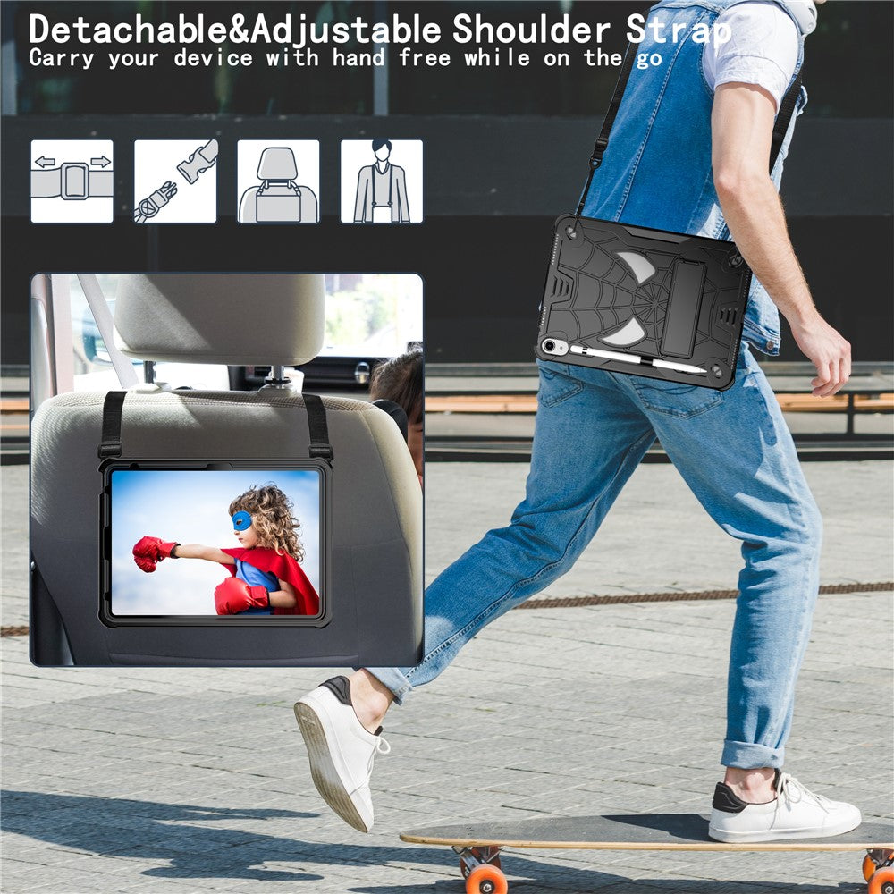 Protective Case for iPad (2025) / iPad 10.9 (2022) Tablet Cover Spider Style PC Silicone Kickstand Shell with Strap - Black+Black